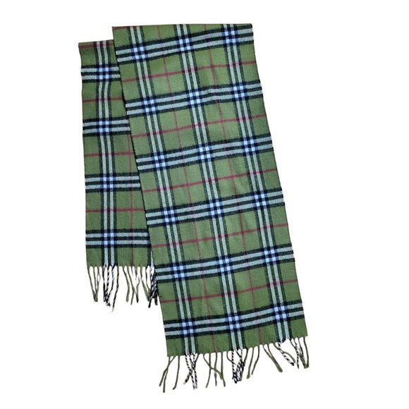 Burberry 100% Cashmere Fringed Muffler Scarf Sage Green Nova Check 11"x64" - Picture 1 of 3